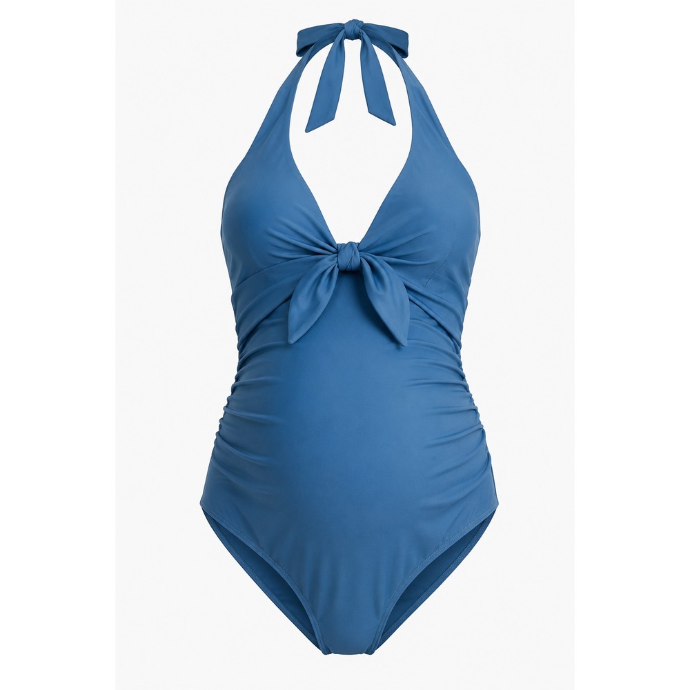 Motherhood Maternity Womens M Blue One Piece Swimsuit Halter Ruched Tie Front